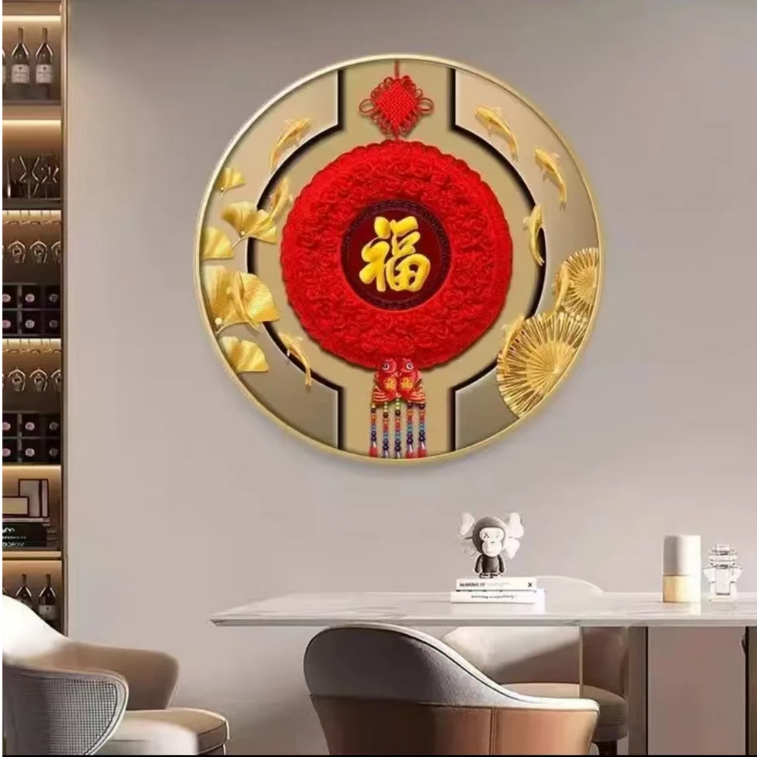 Y05新中式玄关装饰画圆形福字挂画中国结走廊入户正对门壁画