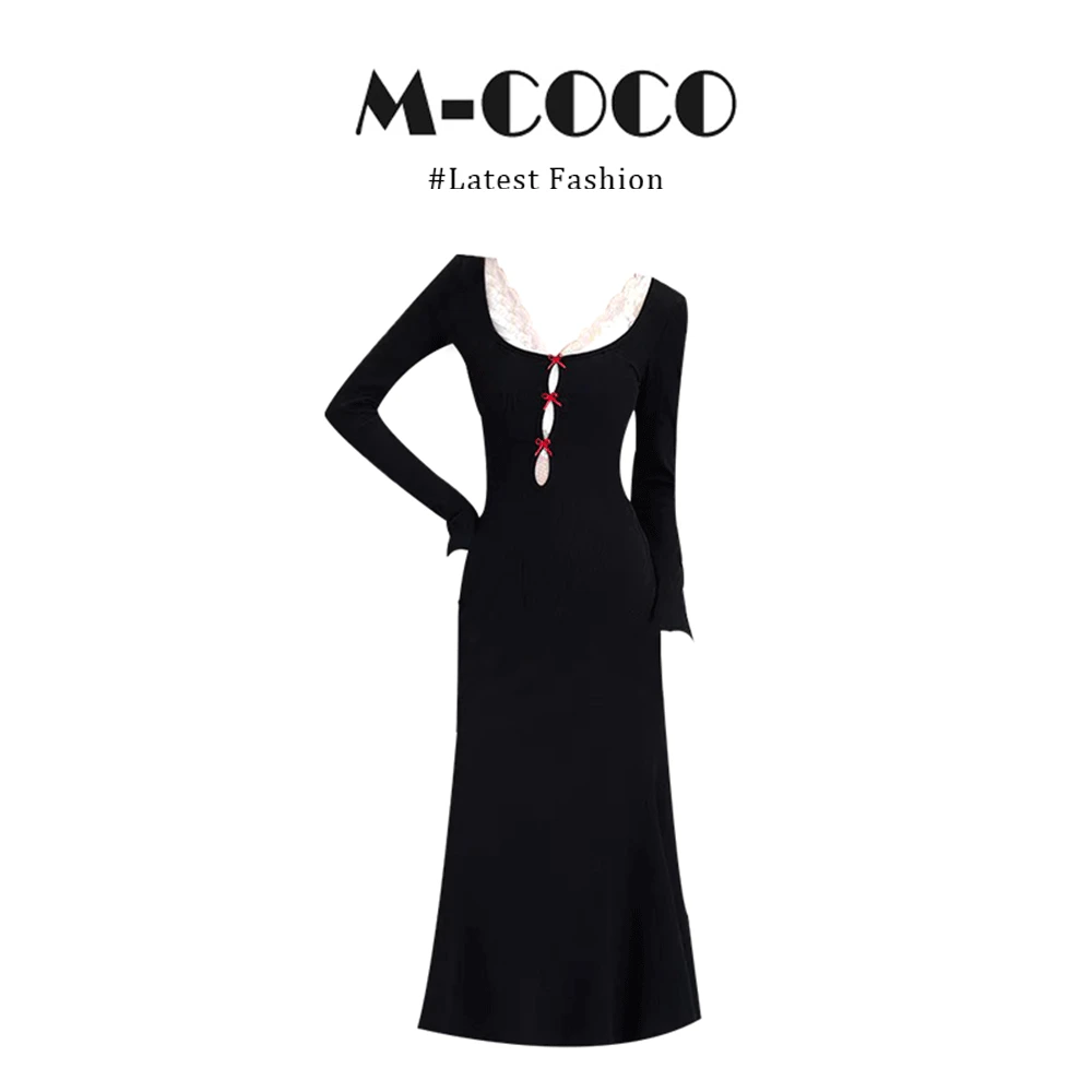 MARIE.COCO法式黑色镂空连衣裙女秋冬季高级感气质包臀鱼尾长裙子