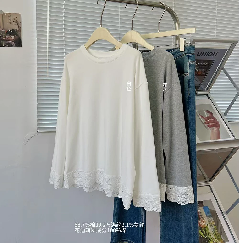镂空花边蕾丝拼接圆领长袖T恤女春秋甜美百搭宽松打底衫