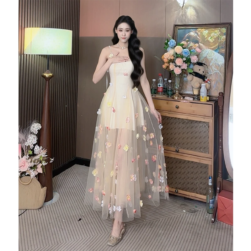 DUODUO【莫奈花园】法式温柔浪漫立体花朵仙女风吊带连衣裙度假长裙