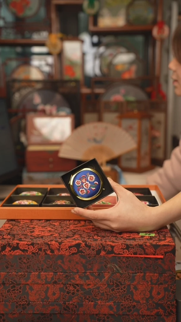 扇子镜子 绣花双面非遗