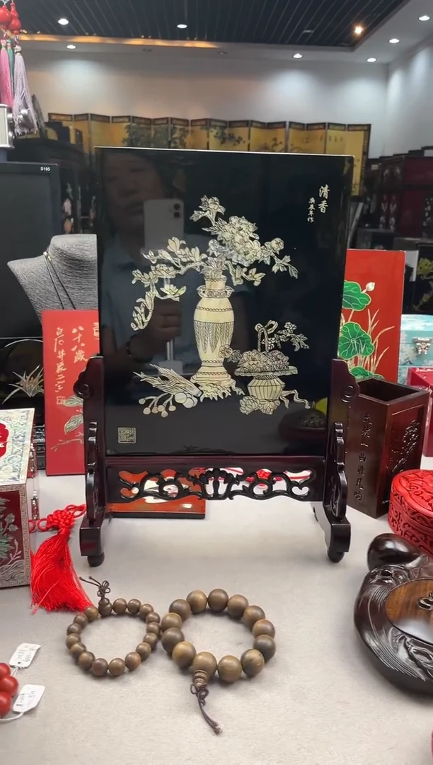 扬州漆器厂平磨22方无边黑色清香台屏摆件