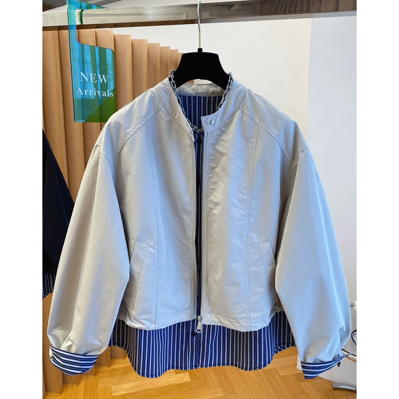 欧货假两件棒球服外套女2025新款宽松别致独特衬衫拼接夹克上衣秋