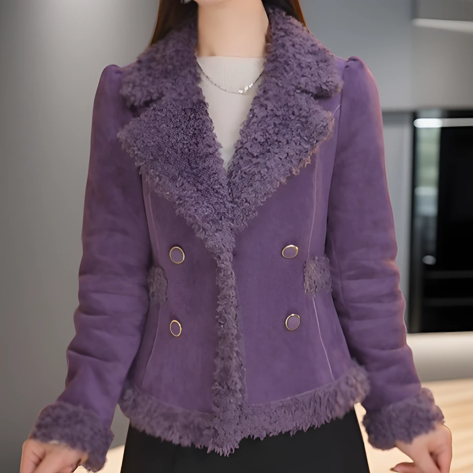 小香风皮毛秋冬一体2025新款时尚气质保暖长袖短款加绒西装领外套