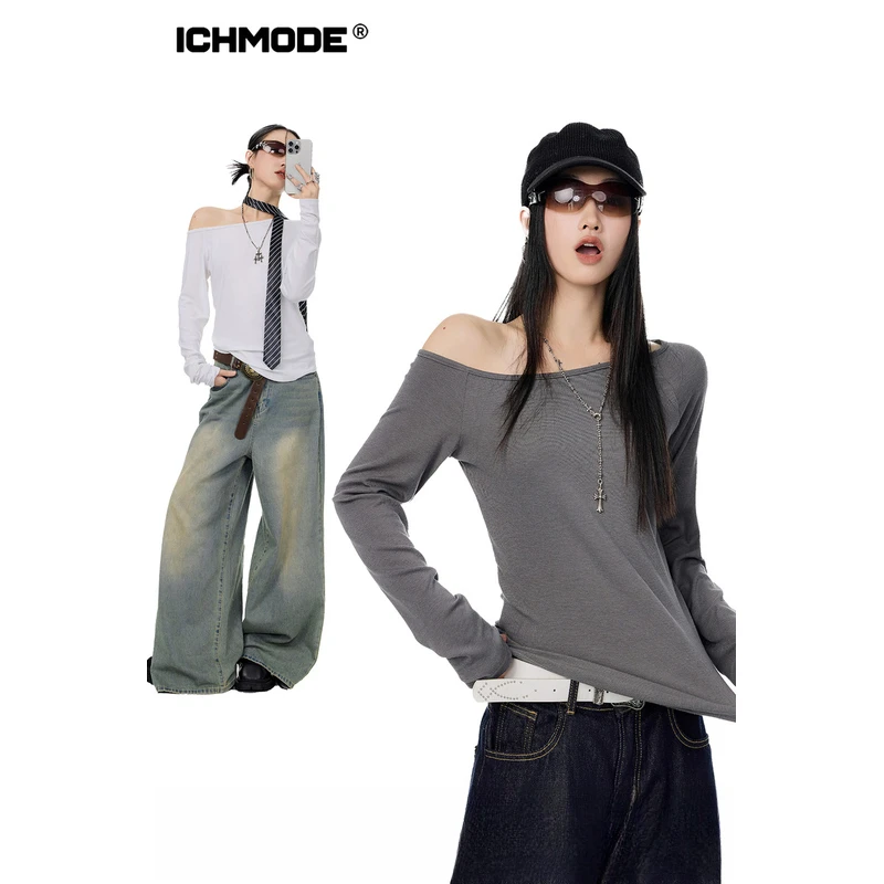 ICH MODE美式修身斜肩T恤女长袖露肩上衣