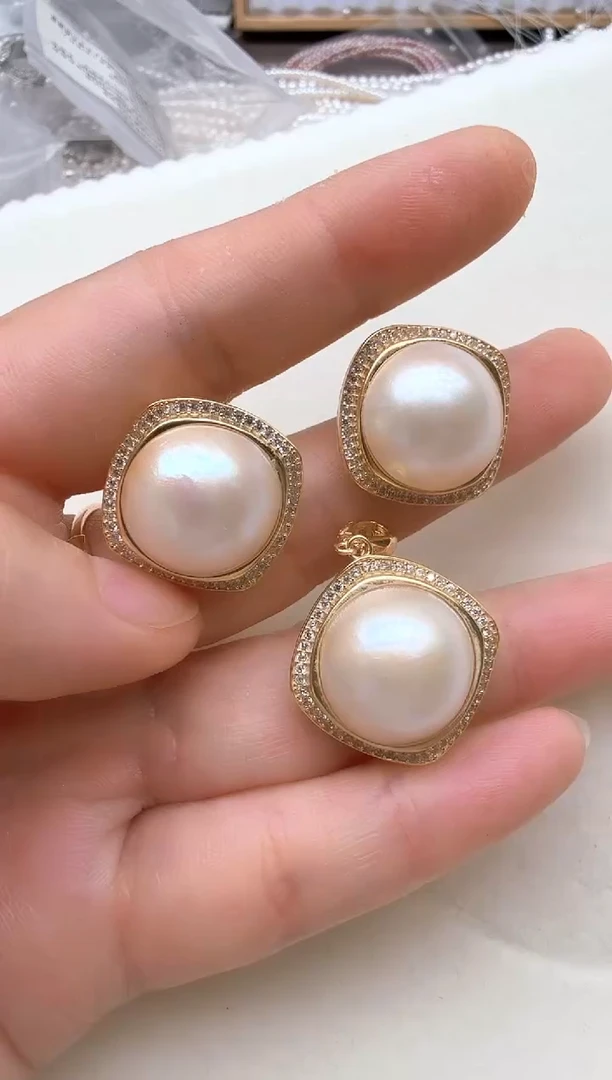 耳饰银S925镶嵌拼合珍珠（马贝珠）通银款四方金色套装