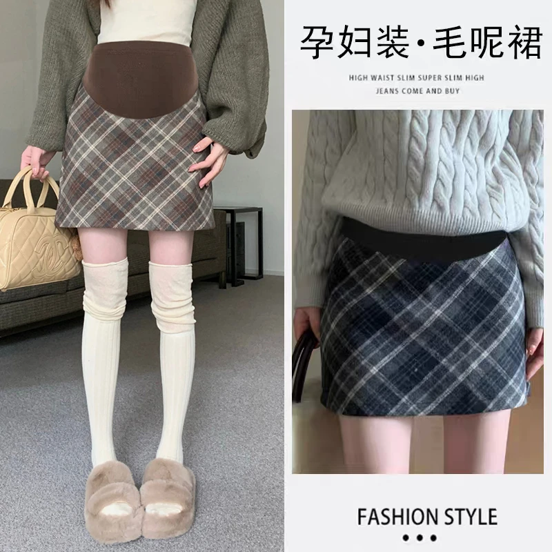 孕妇半身裙秋冬季咖色菱形格纹短裙女新款春秋毛呢高腰a字包臀裙