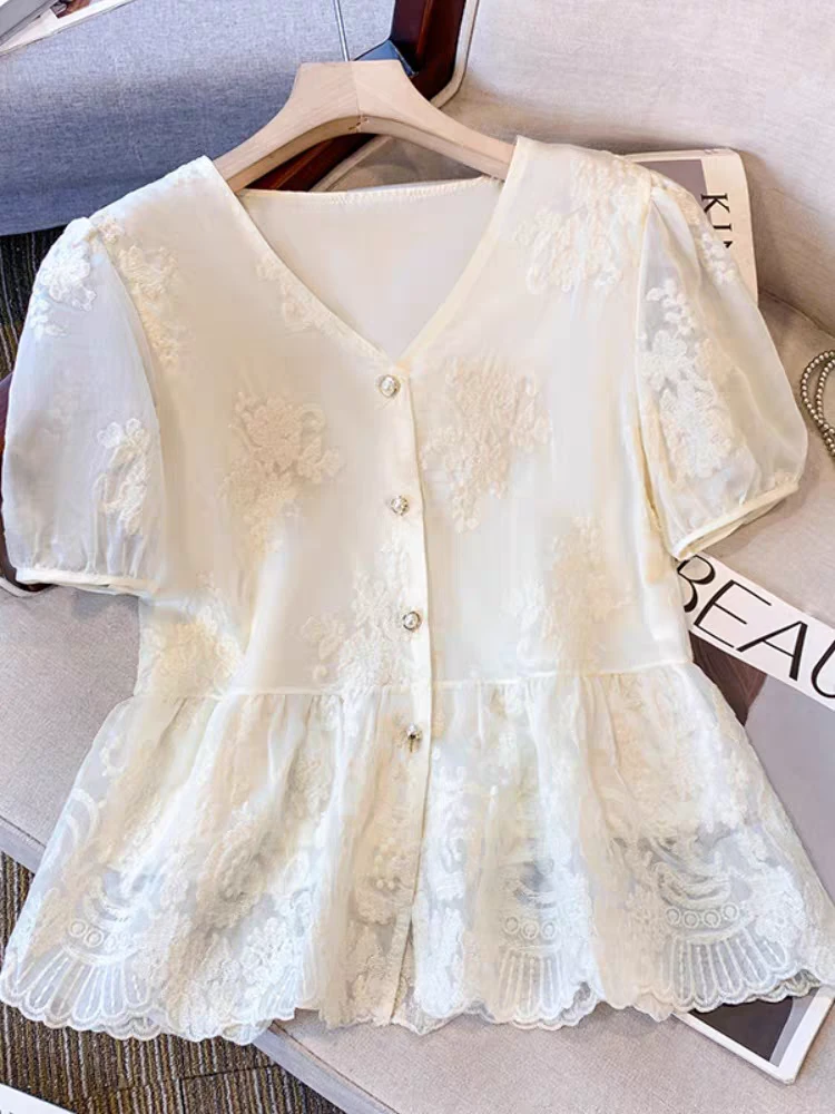 85128时尚V领拼接荷叶边下摆短袖打底