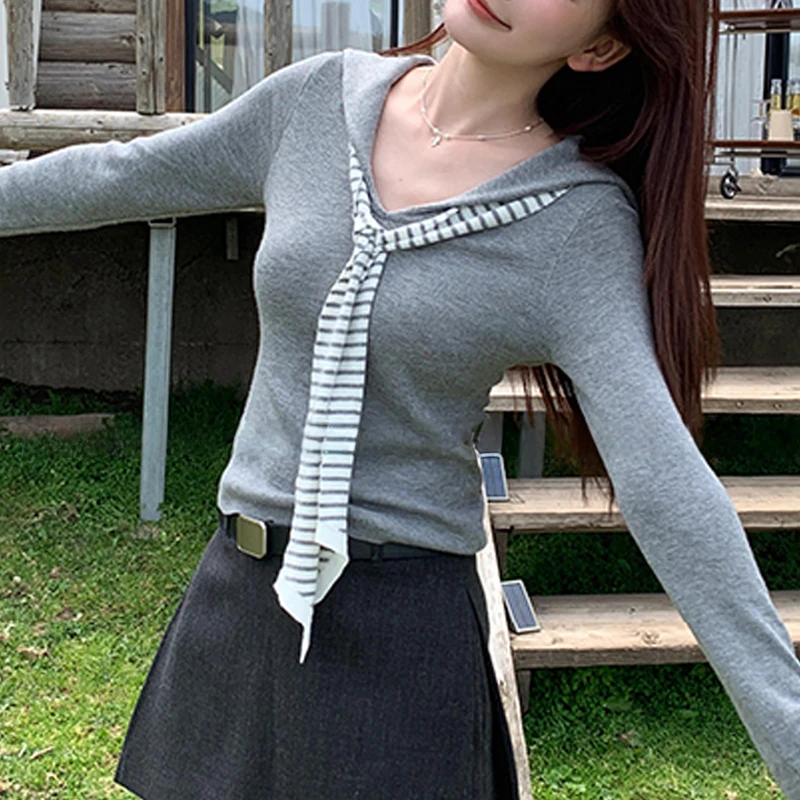 假两件条纹披肩长袖t恤女2025早秋新款打底衫修身显瘦针织衫上衣