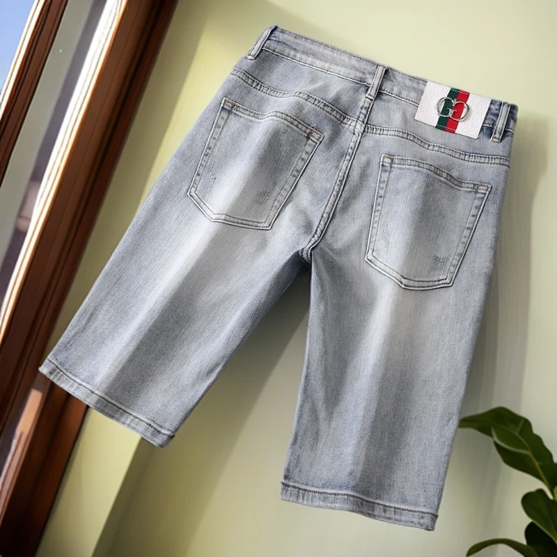 娜罗普西薄款重工复古做旧牛仔短裤男五分裤弹力中裤潮流修身个性