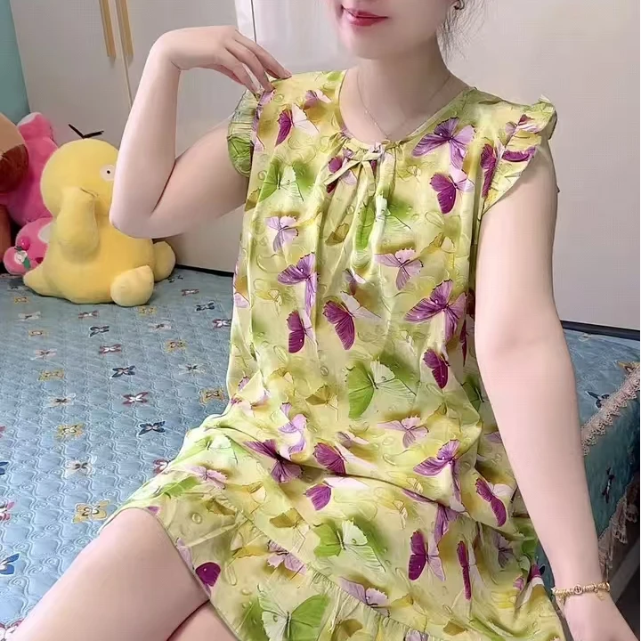 新款高品质定位花圆领休闲宽松时尚家居服睡衣气质睡裙洋气显瘦