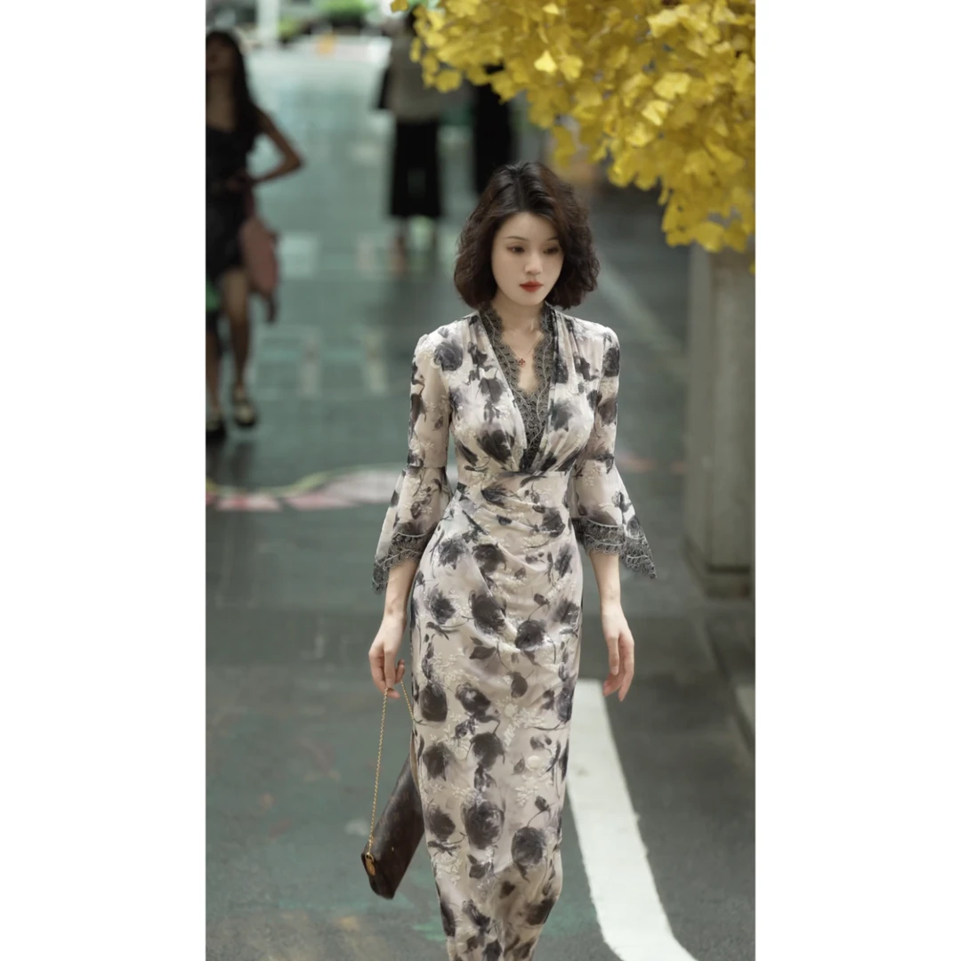 彩彩家【世外芳华】夏季原创新款性感七分袖修身知性优雅收腰连衣裙
