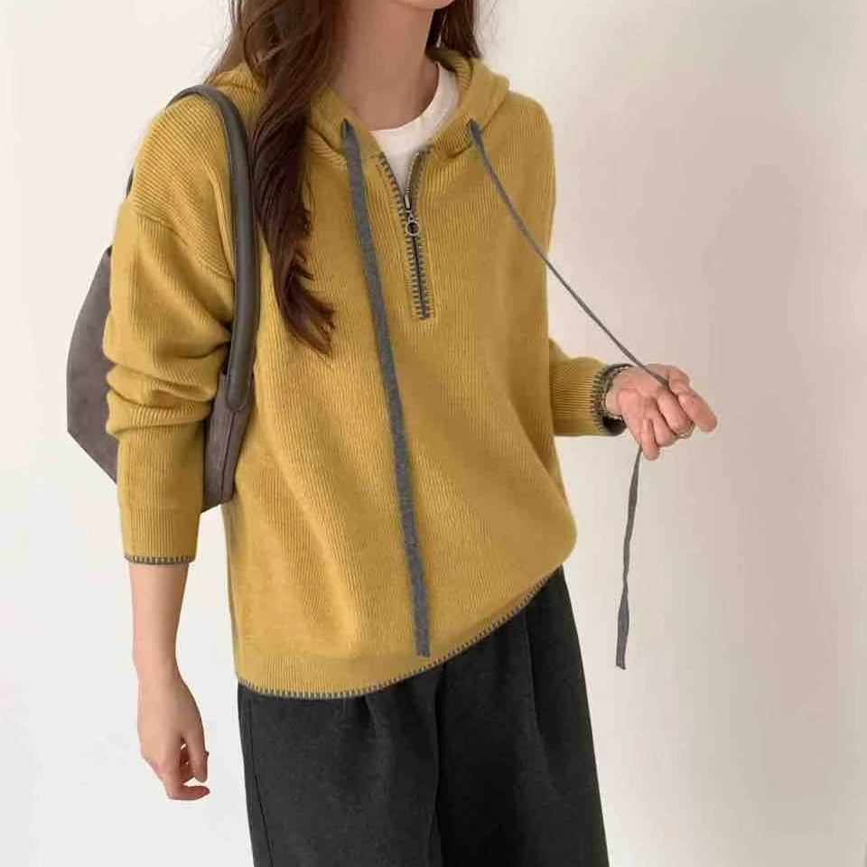（在仓现现）6911番外冬季休闲百搭抽绳拼色设计连帽简约针织衫女