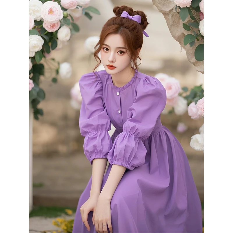 法式紫色泡泡袖连衣裙气质名媛多巴胺独特百搭绝美初恋清纯小裙子
