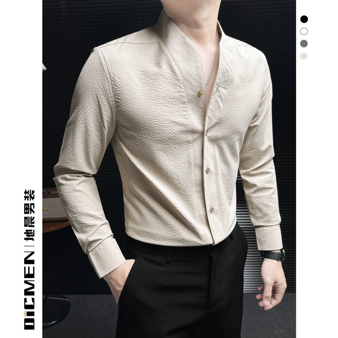 松弛感泡泡纱V领长袖男衬衫男款爆款2025新款秋季上新高级感衬衣