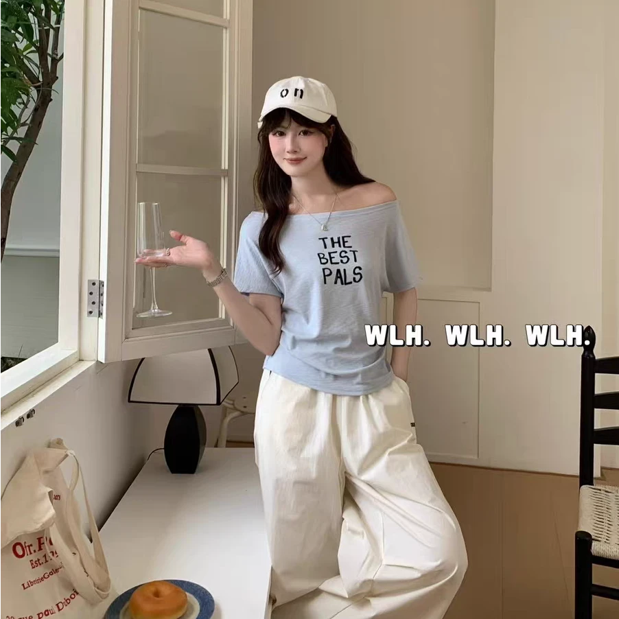 短袖T恤女夏季新款斜肩印花设计感褶皱收腰遮肉显瘦辣妹露肩上衣