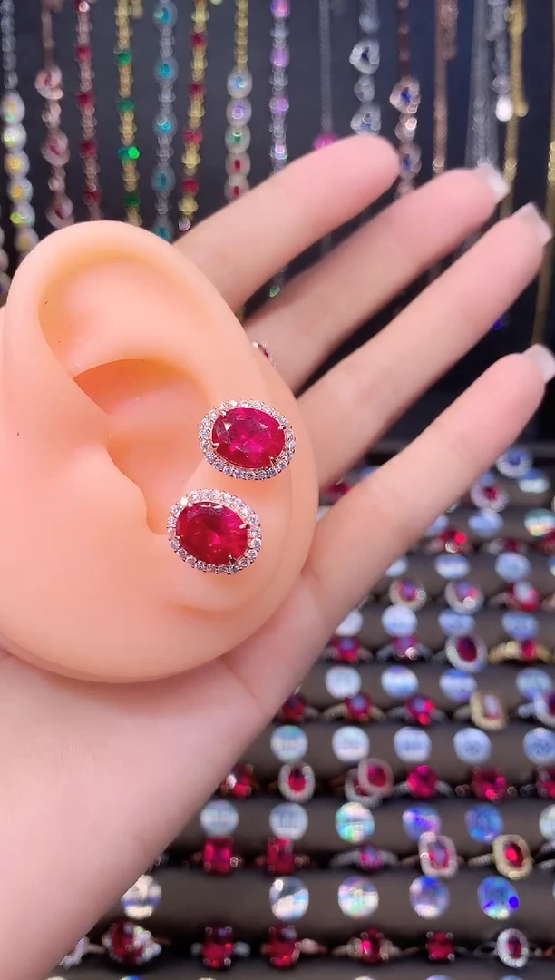 耳饰银S925镶嵌红宝石810玫瑰金