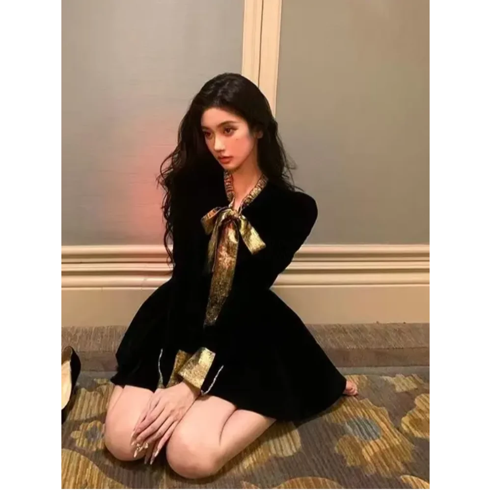 48h 优雅的冬日少女/圣诞丝绒法式蝴蝶结生日战袍年会裙 Au249