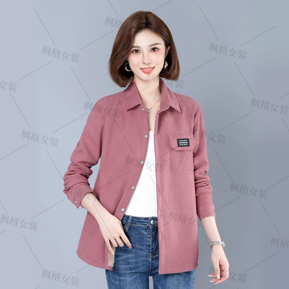 弹力大码中长款灯芯绒纯色衬衫 春秋款韩版休闲女装开衫洋气百搭