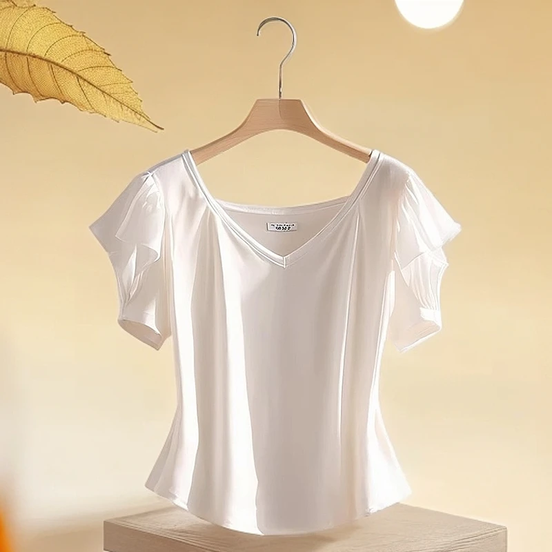 2025年夏款新款纯欲时尚洋气漂亮设计感白色收腰V领短袖T恤上衣女
