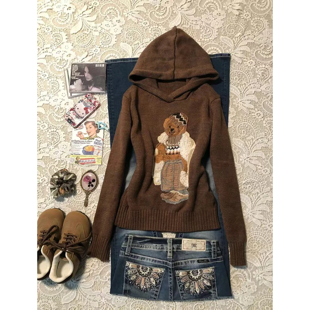 小熊针织刺绣熊圆领连帽毛针织衫法式动物图案毛衣Q 9662#