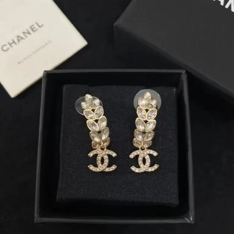 99新 Chanel/香奈儿 23S水钻麦穗经典双C 吊饰耳环 盒子