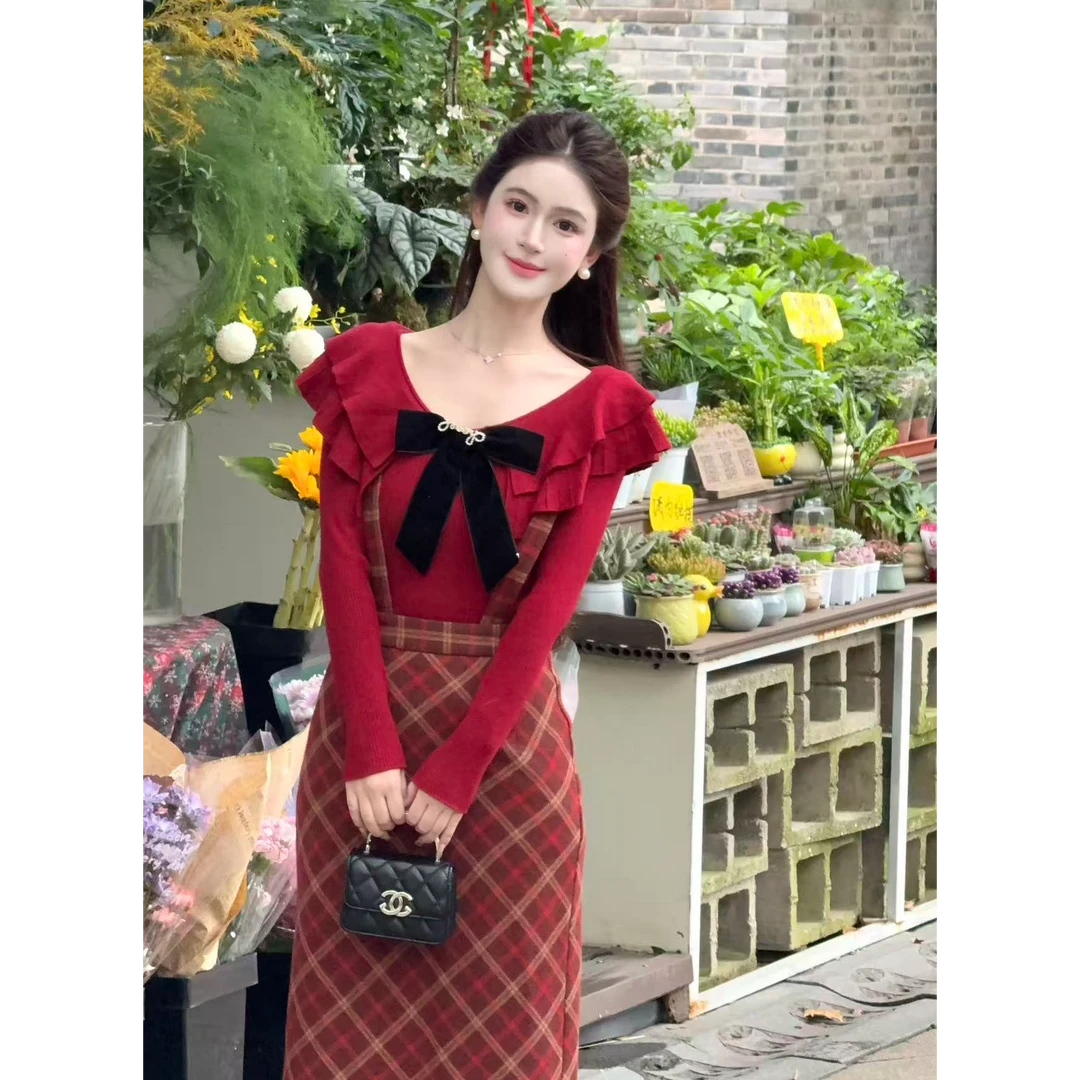LiLi李李家【樱桃甜莓】法式复古红色针织+格纹裙XMZH9892XMZH10086