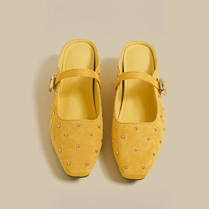 ‌直接色阶~法式包头半拖鞋女外穿新款单鞋内增高平底黄色晚晚鞋