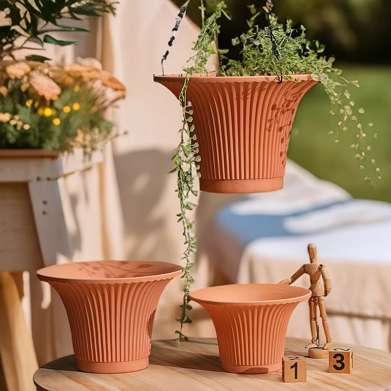 吊盆花盆悬挂式红陶喇叭型绿植花盆透气庭院多肉盆栽红陶吊盆陶土