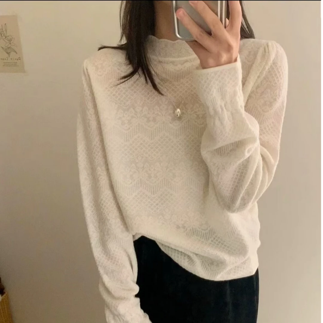 大码微胖MM早春新款半高领木耳边提花针织衫蕾丝百搭显瘦针织上衣