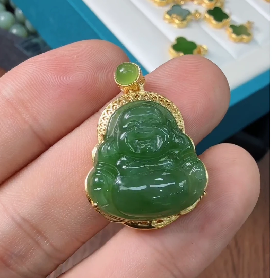 【慧子臻选】 18K金和田玉菠菜绿圆顶珠佛公吊坠 不含链 *013* Y01