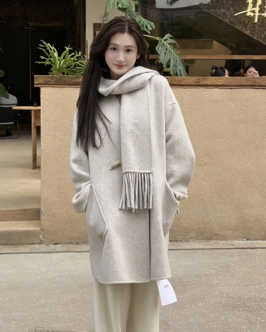 【巴黎图书馆】2025秋冬新款牛角扣围巾中长呢大衣外套