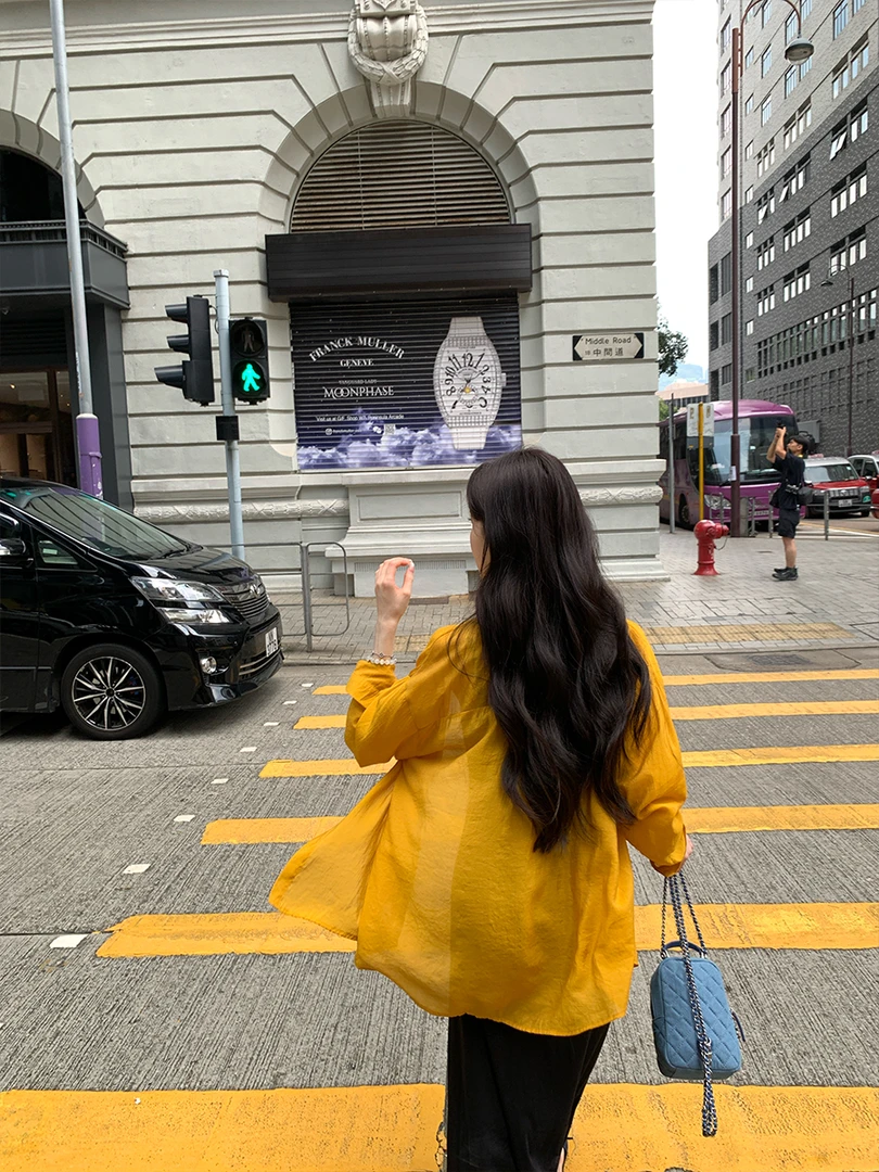 alex stevens  黄色高级垂感宽松薄款衬衫女夏季慵懒防晒外套