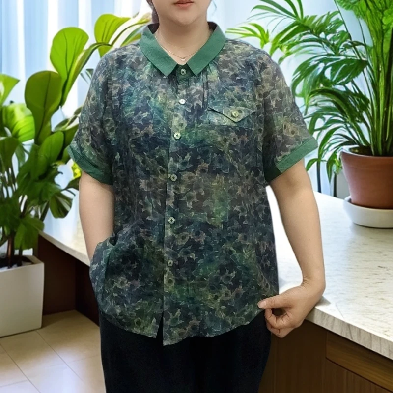 夏季碎花翻领短袖衬衫宽松别致时尚上衣