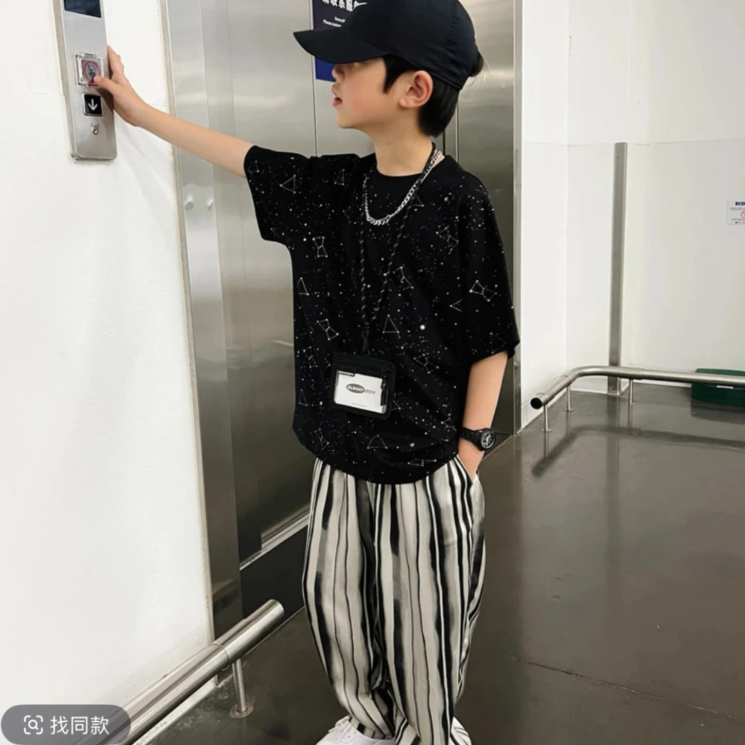 男童夏季短袖套装2025新款中大童夏装T恤衫防蚊裤两件套时髦洋气t