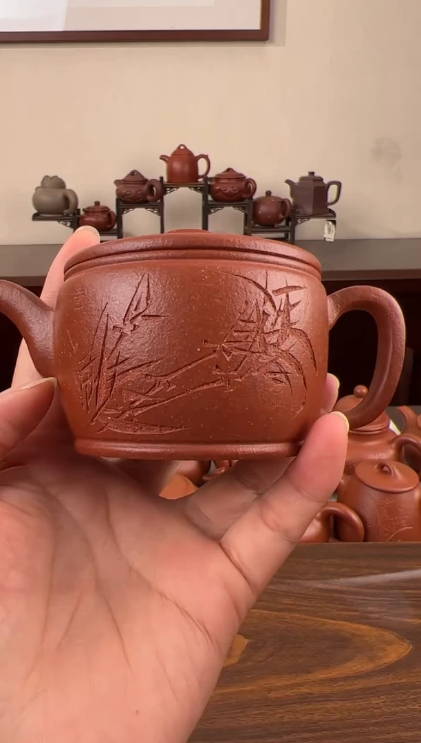 茶壶紫砂红降坡竹刻汉瓦壶160CC