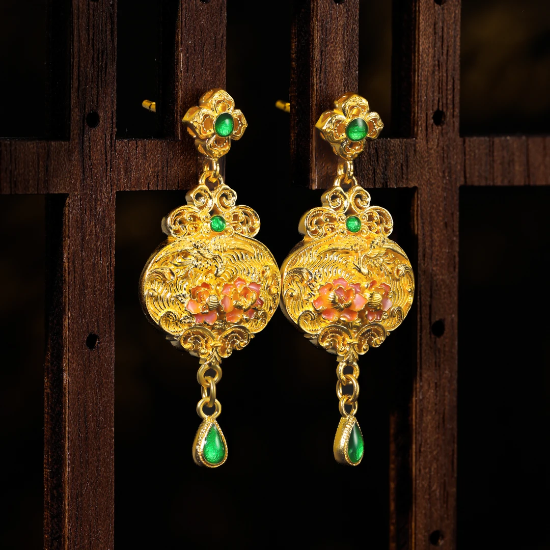 【萃华金店】凝露成双丨古法金足金烧蓝珐琅彩四合如意耳饰CHE0078