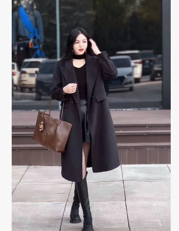 秋冬新款双面大衣女中长款韩系气质百搭外套潮  6555