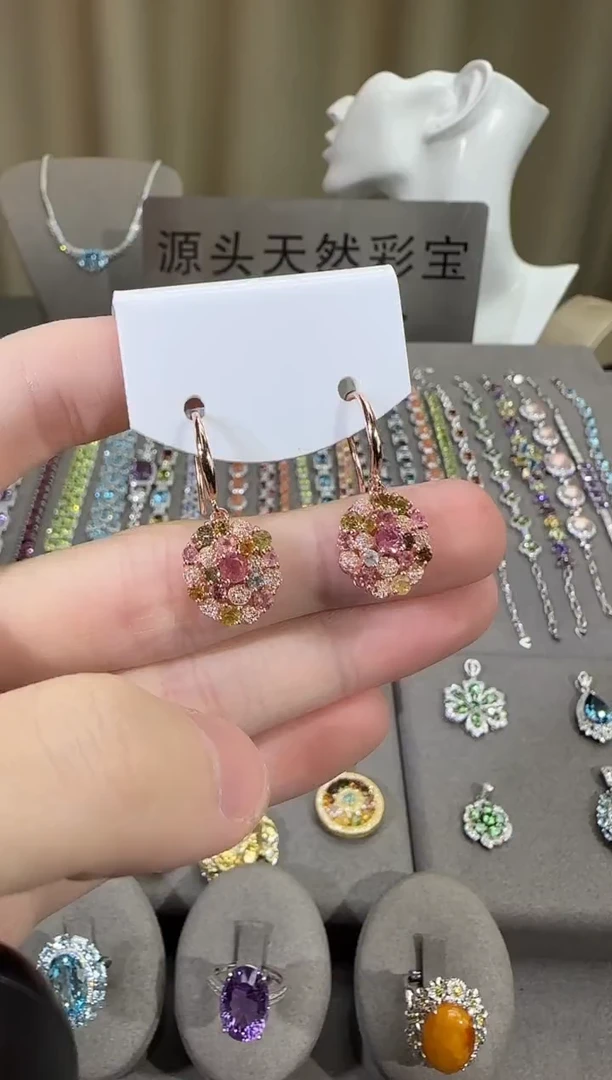 银S925镶嵌耳饰碧玺12mm耳钩设计款多样性发其一