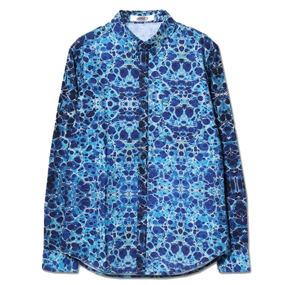 DEPO2944男士春秋长袖衬衣时尚休闲潮流水波浪印花翻领长袖衬衫