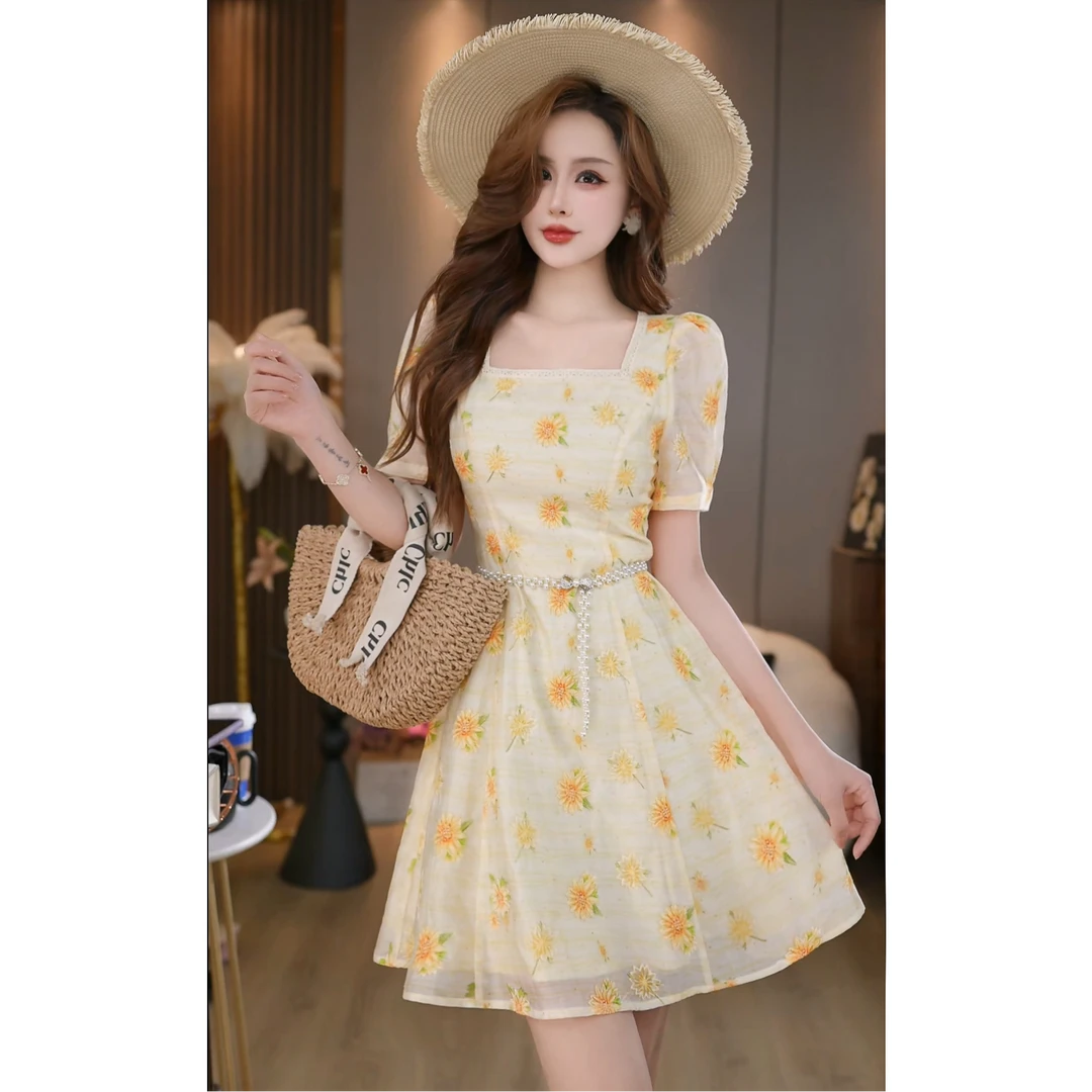 【花郁盛夏】优雅清新方领刺绣碎花收腰显瘦气质连衣裙 B5806