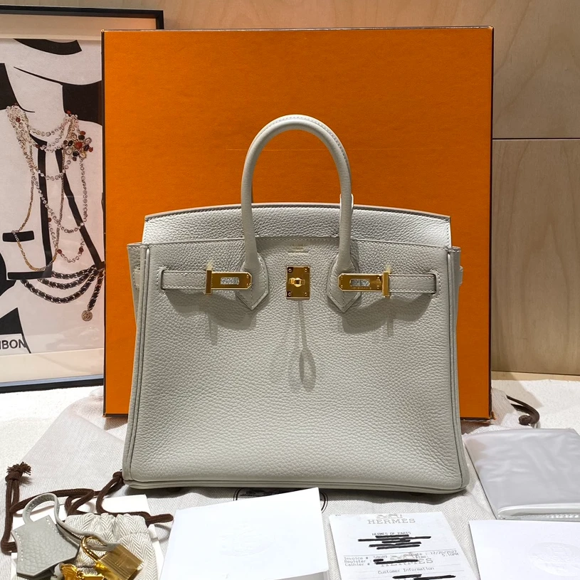 全新未使用 Hermes/爱马仕 全套birkin25金扣珍珠灰FH01430