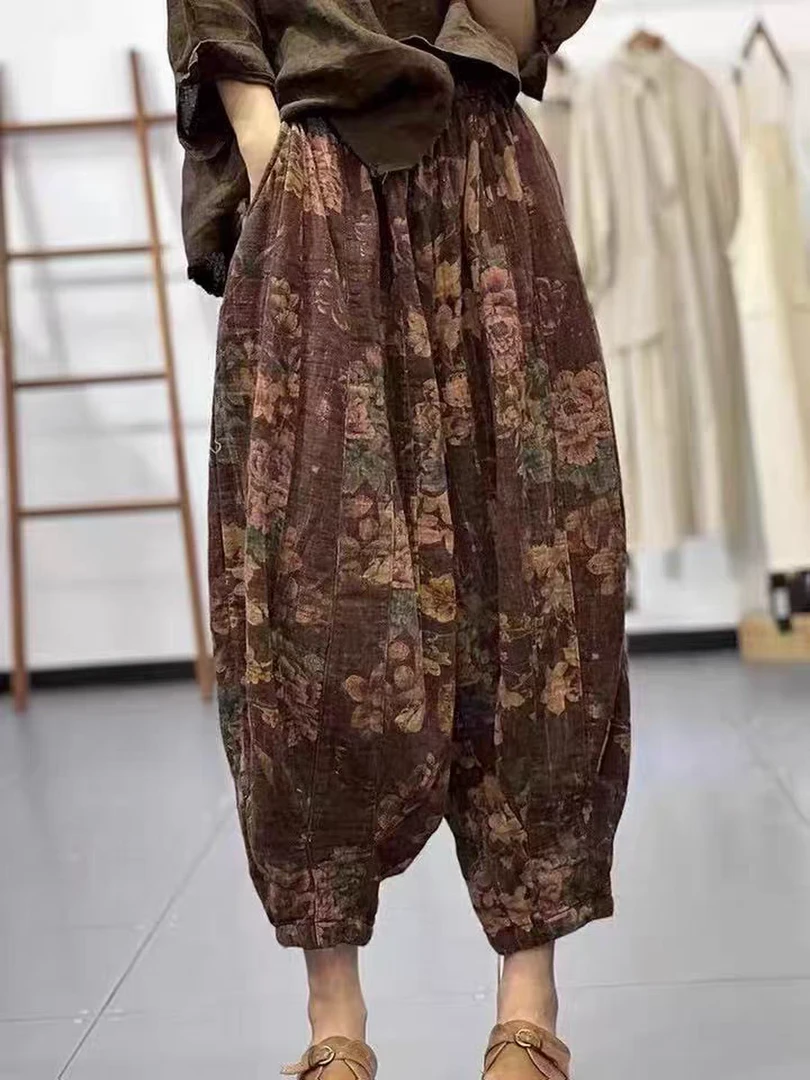 丽丽家复古风印花拼接棉麻哈伦长裤女宽松大码夹棉南瓜裤冬装棉裤