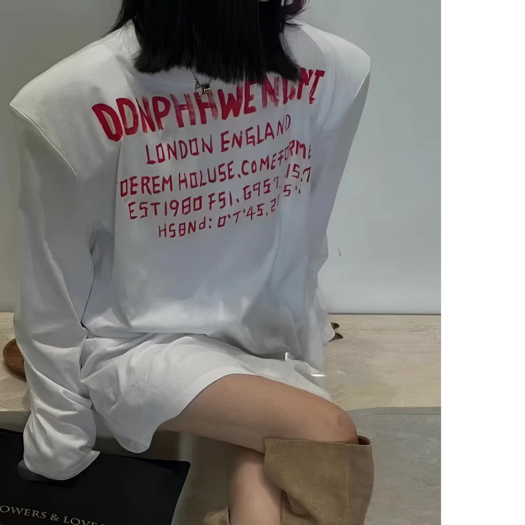 韩国东大门2025夏季新款时尚设计感字母印花垫肩宽松百搭长袖T恤