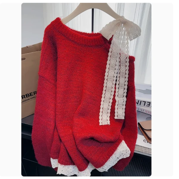 甜美露肩蕾丝蝴蝶结慵懒风毛衣女秋冬2025时尚新款宽松设计上衣潮