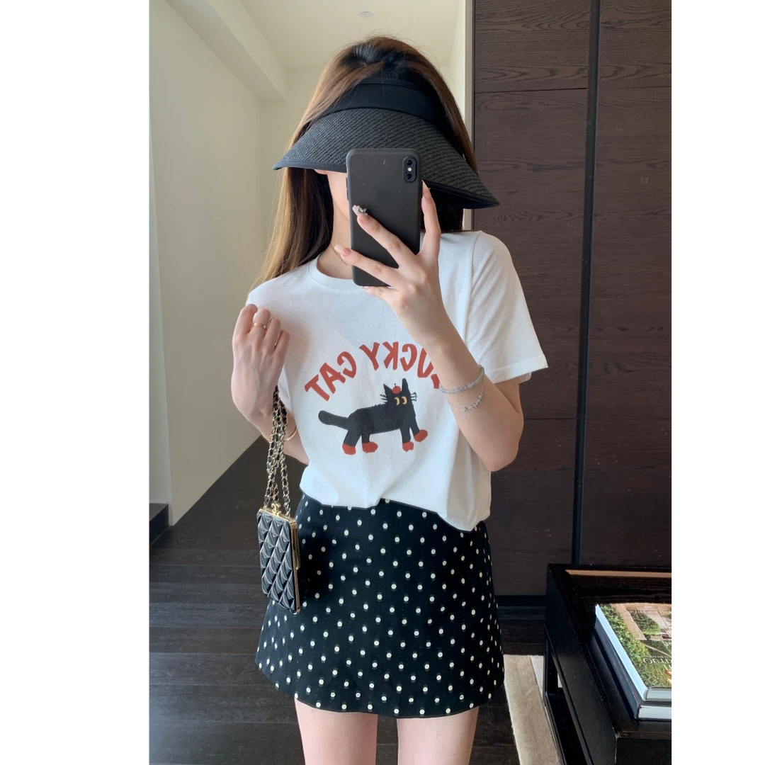 韩系少女感 卡通印花T恤减龄时髦显瘦领棉短袖女春夏新时尚圆领