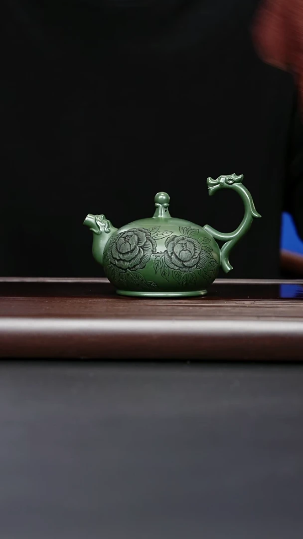 紫砂壶宜兴紫砂 牡丹双龙戏珠壶 景舟绿泥 王天营