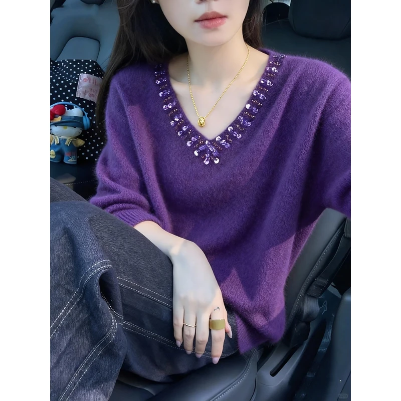 独特漂亮厚款针织衫上衣女冬季超好看厚内搭宽松加厚紫色亮片毛衣