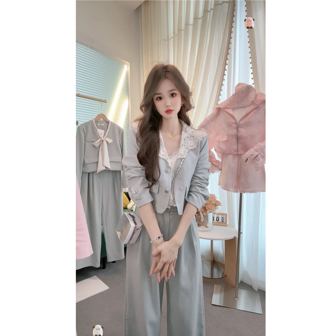 ZX6196韩版时尚蕾丝拼接连帽西装套装女2025春季新款休闲裤两件套