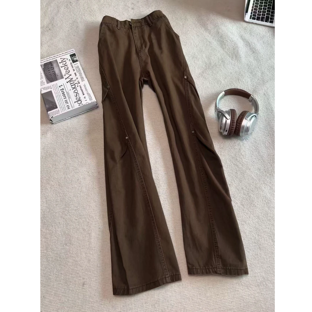 美式复古铆钉斜切牛仔裤男款秋冬重磅纯棉弯刀阔腿显瘦工装长裤